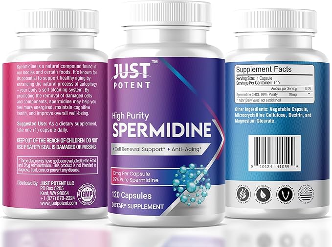 Just Potent High Purity (99%) Spermidine Supplement | 120 Capsules, 4 Months of Supply, 10mg per Capsule | Cell Renewal Support and Anti-Aging