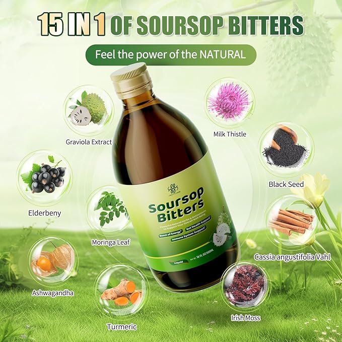 Soursop Bitters Liquid for Digestive Health,Gut Detox&Cleanse,Antioxidant,Immune Support,Skin Health-Pure 15 Herb Guanabana Tea with Black Seed,Moringa & Turmeric,98% High Absorption,Non-GMO 16 fl oz