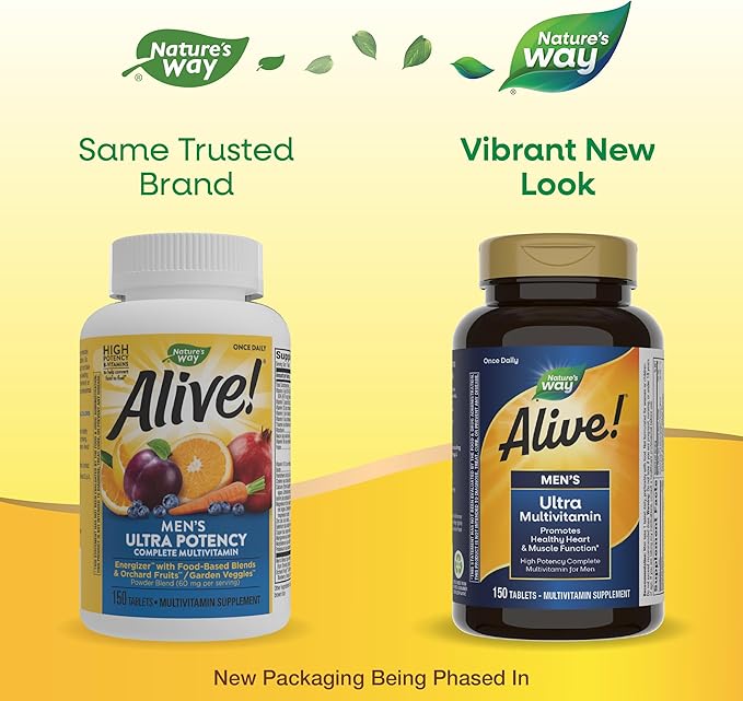 Nature's Way Alive! Men's Daily Ultra Multivitamin, High Potency Formula, Promotes Heart & Muscle Function*, with Methylated Vitamin B12, Gluten Free, 150 Tablets, (Pack of 2)