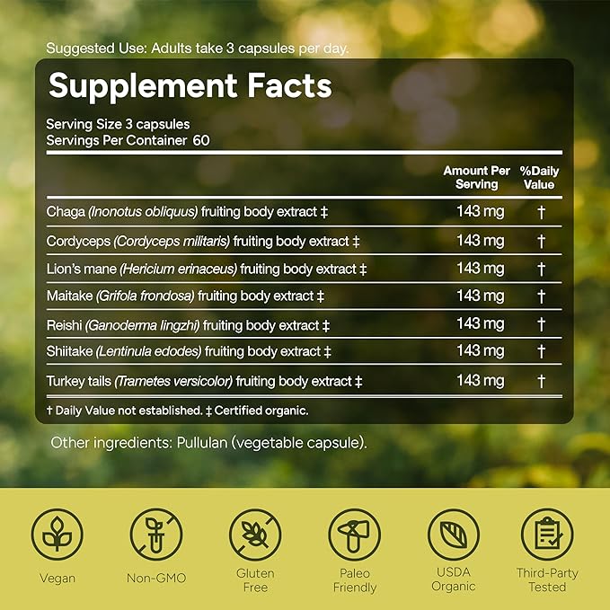 Naturealm Sacred 7 Mushroom 7-in-1 Blend Capsules Supplement (60 Day Supply) | Supports Daily Immune Defense & Focus | Lions Mane, Reishi, Chaga & More | Organic, Premium 100% Fruiting Body Extract