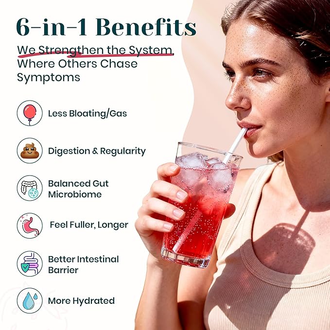 6-in-1 Daily Fiber Powder Supplement, Premium Acacia Fiber for Digestive & Gut Health, Sugar Free, GLP-1 Friendly Fiber Powder with Prebiotic, Probiotics, Collagen Peptides & Electrolytes - For Women