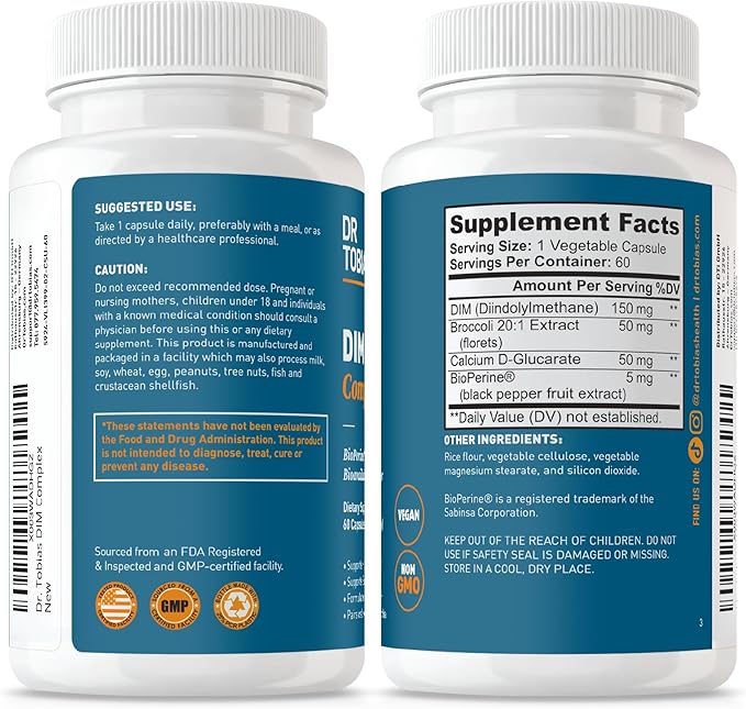 Dr. Tobias DIM Complex | Hormone Balance for Women & Men | DIM Supplement with BioPerine, Broccoli Extract & Calcium D-Glucarate - Estrogen Detox Balance Complex - Non-GMO Vegan (60 Capsules)