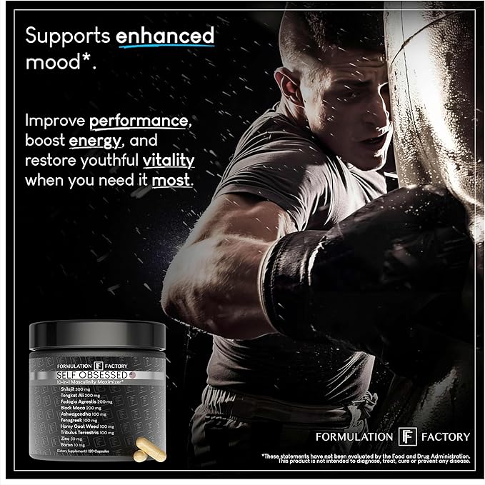 Formulation Factory Self Obsessed Masculine Vitality & Testosterone Support - 10-in-1 Complex with Shilajit, Tongkat Ali, & Fadogia Agrestis - 360 Capsules, 6 Month Supply