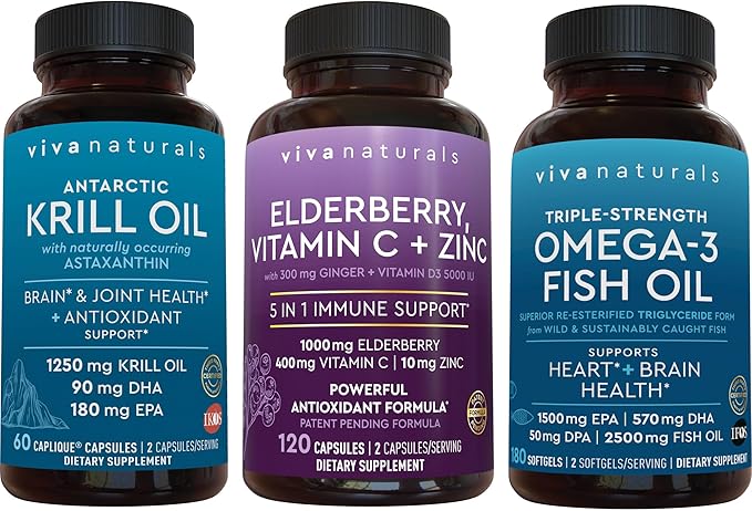 1250 mg Antarctic Krill Oil, Elderberry Vitamin C & Zinc and 2,500 mg Triple-Strength Omega 3 Fish Oil Bundle,Providing Omega 3 EPA and DHA, Elderberry for Immune Support