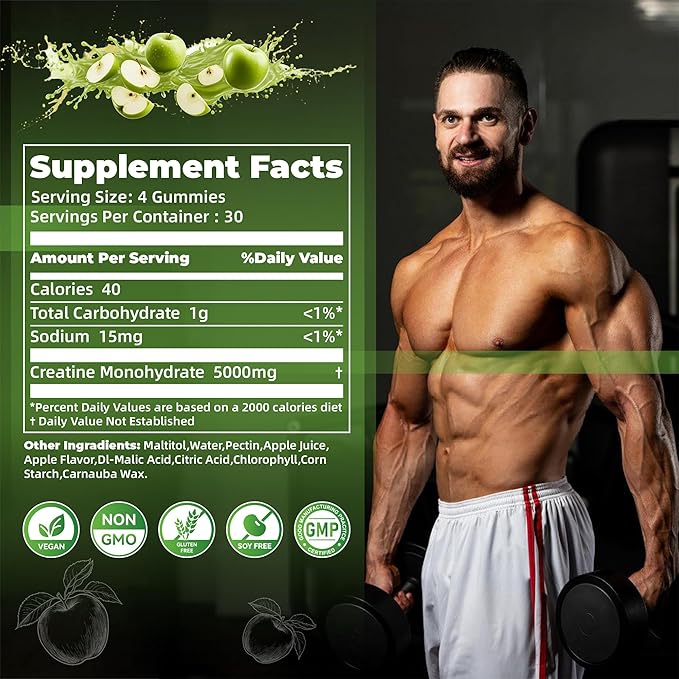 Nutravita NSF Certified Creatine Gummy - Creatine Monohydrate Gummies for Men & Women-5g of Creatine Monohydrate per Serving - Sugar Free,Vegan, Apple Flavor, 120 Count
