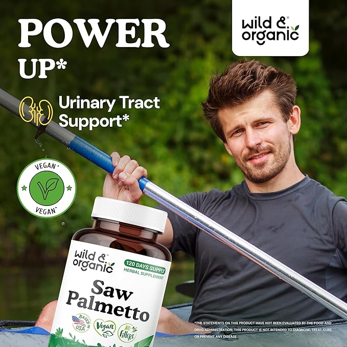 Wild & Organic Saw Palmetto Capsules 500 mg - Urinary Tract Support for Men & Women - Pure Saw Palmetto Supplement - Serenoa Repens Berries - 120 Days of Supply - Vegan, Non-GMO - 120 Count