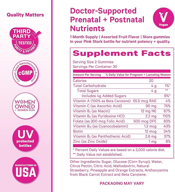 Pink Stork Fertility + Prenatal + Postnatal Gummy Vitamins – Full Motherhood Journey Support – Multivitamin with Folate, B Vitamins, Zinc & Biotin – Postpartum Essentials - 60 Assorted Fruit Gummies
