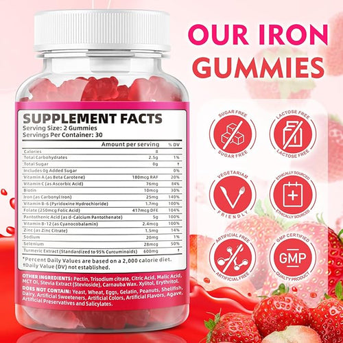 2 Pack Vegan Iron Gummies for Adults & Kids - with Vitamin C, A, B-Complex, Folate, Zinc, and Biotin - for Blood Building & Energy Support, 120 Gummies