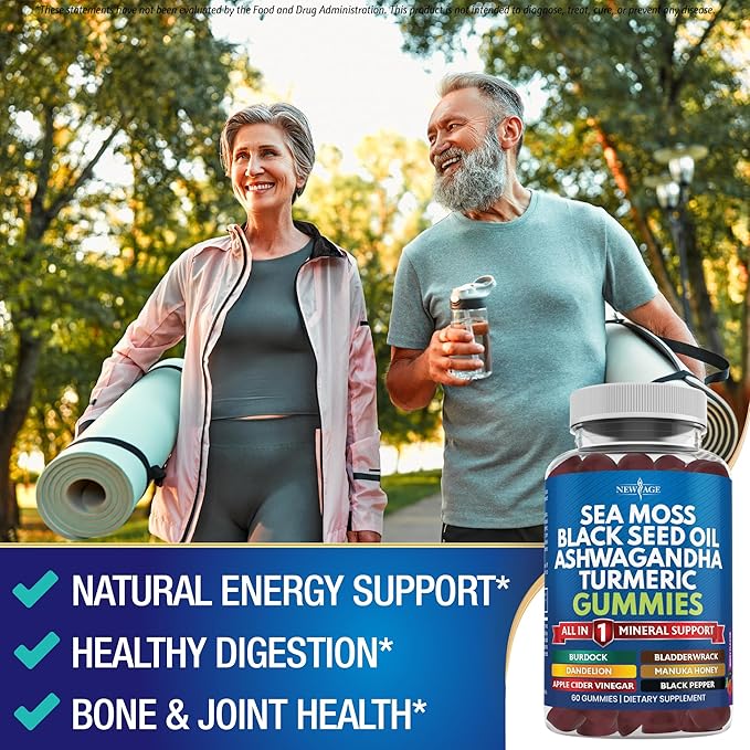 Sea Moss Gummies, Sea Moss, Black Seed, Ashwagandha, Turmeric, Manuka Honey, ACV, Dandelion, Black Pepper, Burdock, Bladderwrack, Vegan - 60 Count
