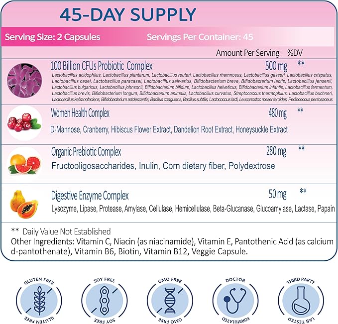 Women’s Probiotic 100 Billion CFU – 31 Strains with Prebiotics, Digestive Enzymes, Cranberry & D-Mannose – Supports Gut, Vaginal & Urinary Health – 90 Veggie Capsules