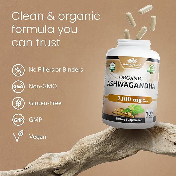 NaturaLife Labs Organic Ashwagandha 2100 mg per Serving – Full Spectrum Root Powder and Standardized Extract (Withanolides) – 100 Capsules – Vegan – Non-GMO, Gluten-Free (2 Pack)
