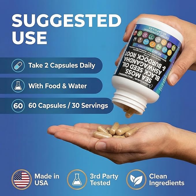 Clean Nutraceuticals Sea Moss Black Seed Oil Ashwagandha Turmeric Bladderwrack Burdock & Vitamin C Vitamin D3 with Elderberry Manuka Dandelion Yellow Dock Iodine Chlorophyll ACV