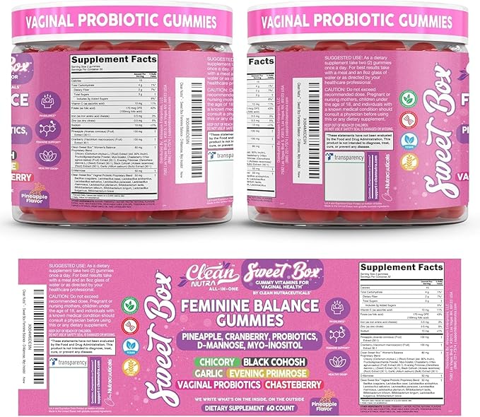 Clean Nutra Feminine Balance Gummies for Women Pineapple VaginalProbiotics pH Balance Cranberry D Mannose Supplement Inositol Black Cohosh Evening Primrose Garlic Vitex GLA Prebiotics Folate 60ct