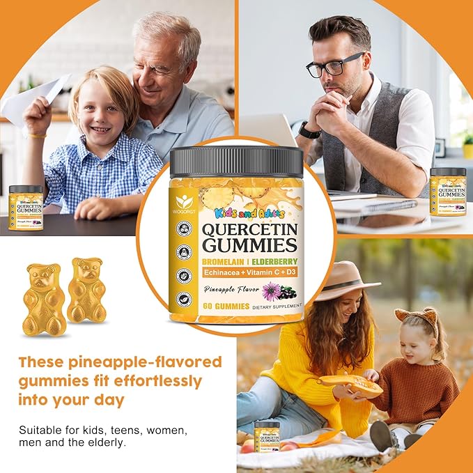 Quercetin Gummies with Bromelain for Adults & Kids - Immune & Seasonal Wellness Support, 800mg Quercetin with Bromelain, Zinc, Elderberry, Vitamin C & D3 - Sugar Free, Vegan, Pineapple Flavor, 60 Ct