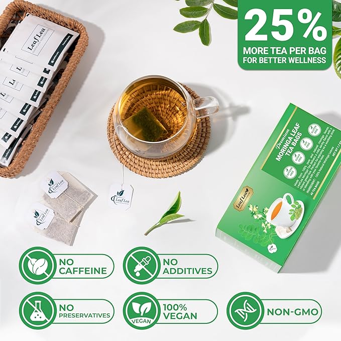 LeafLea 40 Moringa Tea Bags, 100% Natural and Pure Moringa Leaf Herbal Tea, Supports Digestion and Immune Health, Caffeine-Free, Sugar-Free, Vegan, Individually Wrapped for Freshness