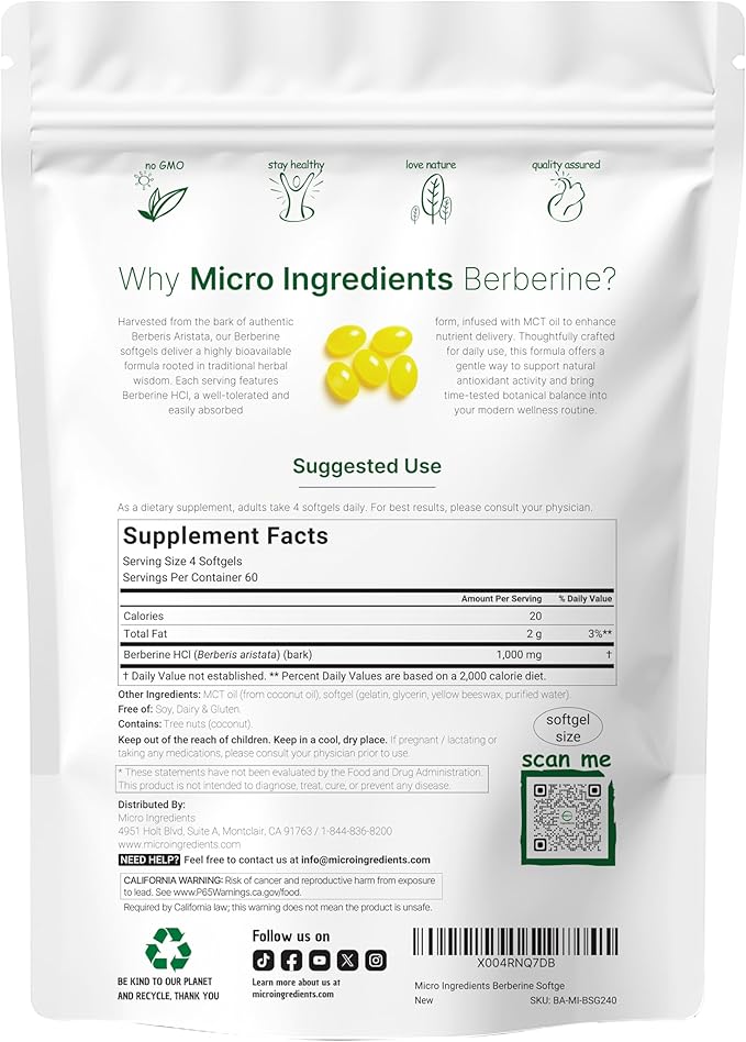 Micro Ingredients Berberine 1000mg with MCT Oil, 240 Softgels | Highly Bioavailable Formula with Berberine HCI from Berberis Aristata | Non-GMO, Gluten Free, No Soy