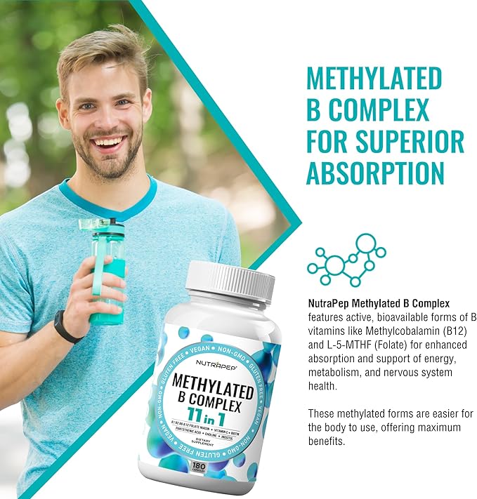 NutraPep Methylated B-Complex Vitamins - Complete Methyl B Complex Multivitamin with Bioactive B9 5-MTHF B6 B12 - MTHFR Support Supplement for Brain Heart Energy (Pack of 2)