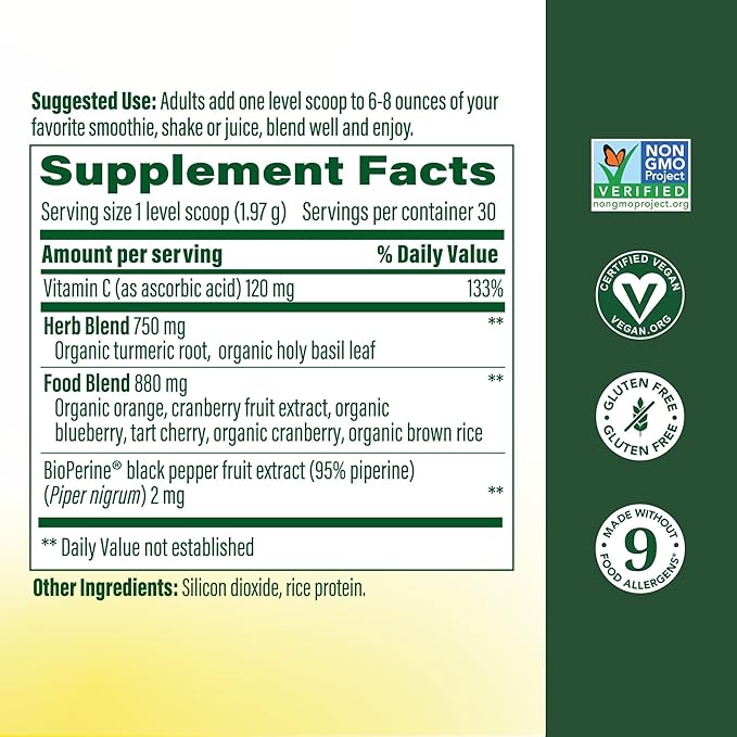 MegaFood Daily Turmeric Powder - Nutrient Booster - Turmeric Supplement with Black Pepper Extract, Vitamin C, Tart Cherry & Holy Basil Leaf, Vegan, Non-GMO, 2.08 Oz (30 Servings)