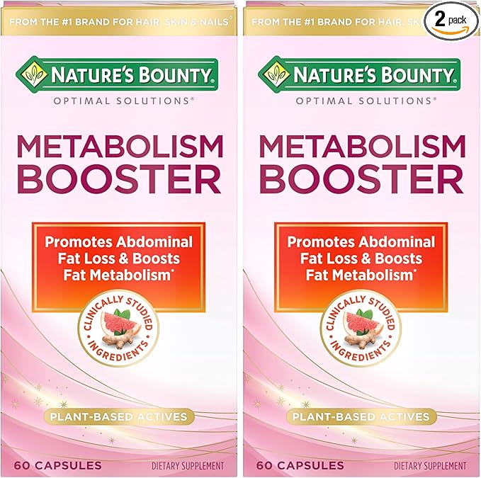 Nature's Bounty Optimal Solutions Metabolism Booster Supplement, Boosts Fat Metabolism, Promotes Abdominal Fat Loss, with Citrus Extracts and Black Ginger, 60 Capsules (Pack of 2)