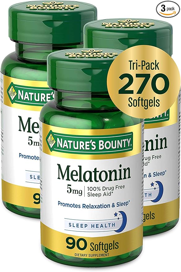 Nature's Bounty Melatonin 100% Drug Free Sleep Aid, Dietary Supplement, Promotes Relaxation and Sleep Health, 5 mg, 90 Count, Pack of 3