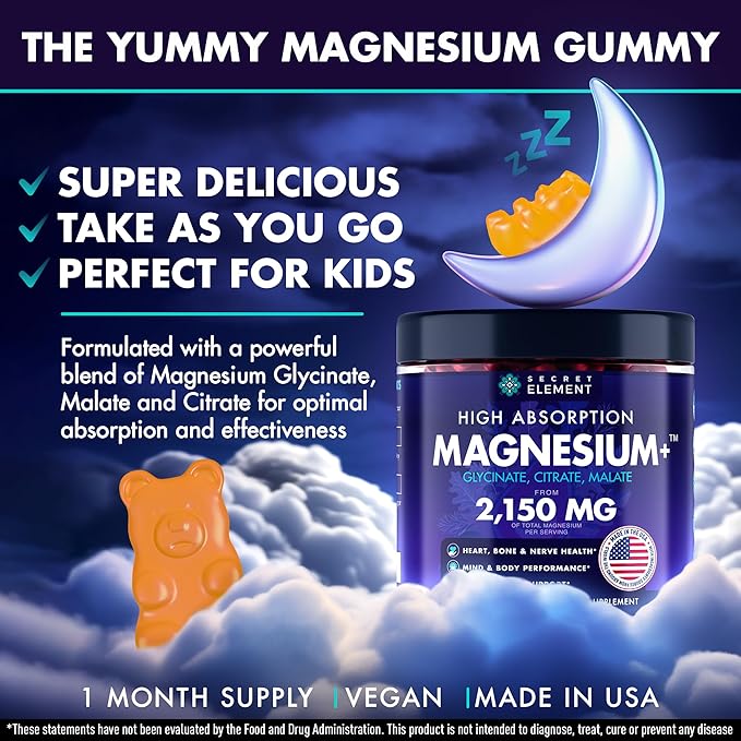 Secret Element Magnesium Glycinate 2150MG Gummies for Women and Men, High Absorption Magnesium Glycinate, Citrate, Malate, Sugar Free, Vegan, 60 Chews, Pack of 3, Orange