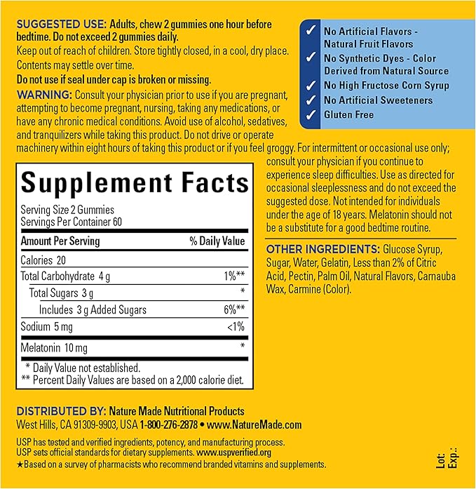 Nature Made Melatonin 10 mg per serving Gummies, Sleep Gummies for Adults Maximum Strength Dosage, 100% Drug Free Sleep Aid, 120 Count, 60 Day Supply