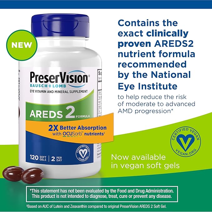 PreserVision AREDS 2 Eye Vitamin & Mineral Supplement with OCUSorb,120 Vegan Soft Gels,Contains Lutein,Zeaxanthin,Vitamin C & E,Zinc,&-Copper,Eye Health Supplements for Adults,(Pack of 2)
