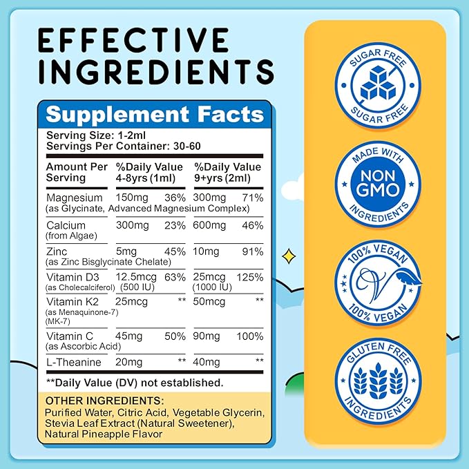 Kids Magnesium Glycinate Liquid Drops, Magnesium for Kids with Calcium, Zinc, L-Theanine, Vitamin D3 K2, C for Sleep, Relaxation, Calm, Focus, Brain,Mood, Bones & Muscles - Pineapple Flavor 2 Pack
