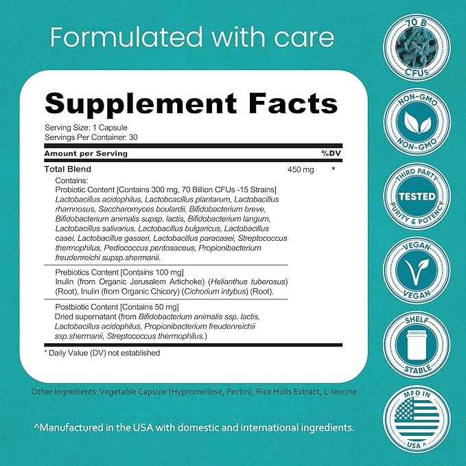 NaturaLife Labs Probiotics 70 Billion CFU – 15 Strains with Organic Prebiotic & Postbiotic – 3-in-1 Formula – 30 Vegan Capsules