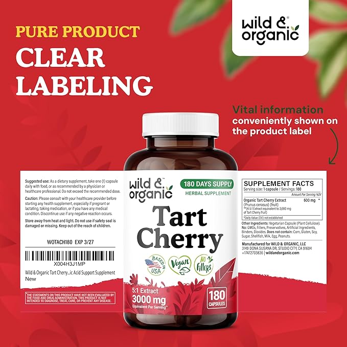 Wild & Organic Tart Cherry Extract Capsules 600 mg - Uric Acid Support - Tart Cherry Supplement - Prunus Cerasus Fruit Powder - 180 Days of Supply - Vegan, No Fillers, Non-GMO - 180 Count