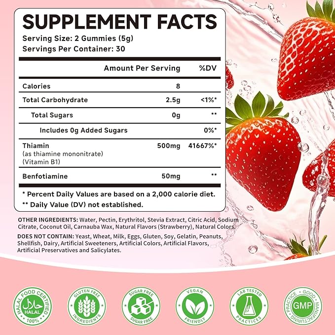 Vitamin B1 Gummies 500mg with Benfotiamine – Thiamine Supplement for Women & Men Supports Healthy Energy Metabolism & Immune, Sugar-Free | Vegan | Non-GMO, Natural Strawberry Flavor, 60 Count