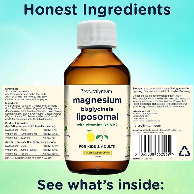 Magnesium Liposomal | with Vitamins D3 & K2 | Magnesium Bisglycinate | for Children & Adults | Highly Absorbable Liquid Supplement | Lemon & Elderflower Flavour | 30-Day Supply | 5 fl oz