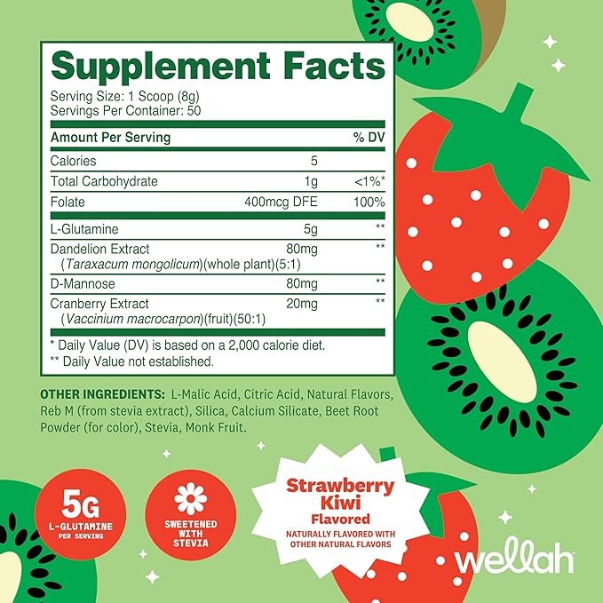 Wellah L-Glutamine Powder Strawberry Kiwi (50 Servings) - 5g L-Glutamine Per Serving, Sweetened with Stevia