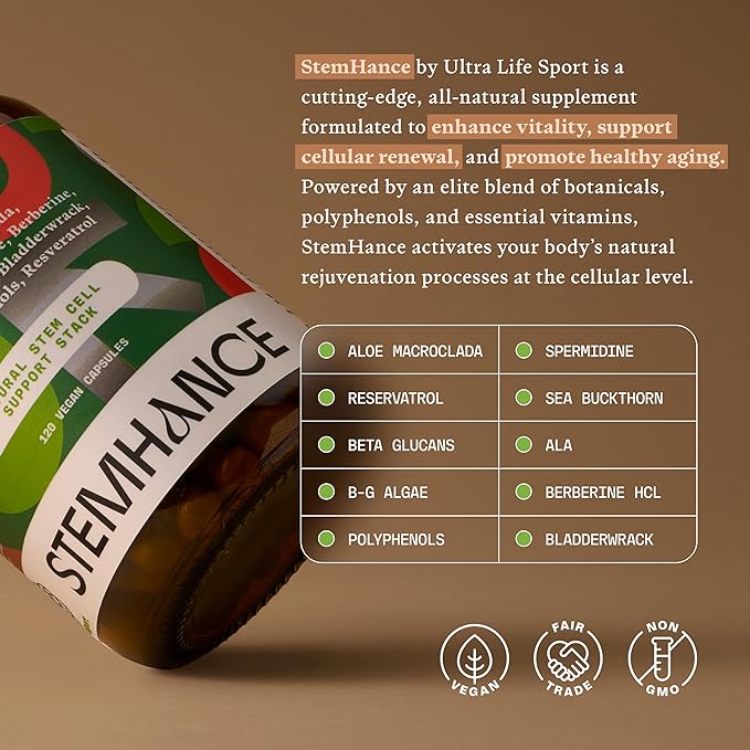 Ultra Life Sport StemHance – Cellular Renewal & Healthy Aging Supplement with Vahonona, Spermidine, Resveratrol, Sea Buckthorn, Green Tea, Vitamins D3, K2, B Complex – 120 Capsules
