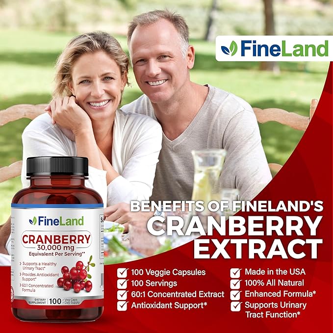 FineLand Cranberry Extract 60:1 — High Potency Cranberry Pills for UTI Support — 100 Vegan Capsules, 100-Day Supply, Non-GMO, Made in USA