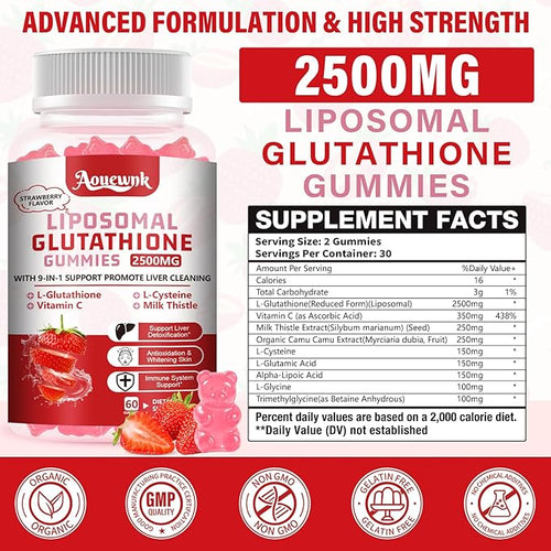 2 Packs 2500MG Liposomal Glutathione Gummies Supplement - Support Skin & Liver Function, 98% Bioavailability, with L-Glutathione & Milk Thistle to Support Antioxidant & Enhance Immunity