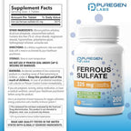 Puregen Labs Ferrous Sulfate 325 mg (65 mg Elemental Iron) High Potency Iron Supplement | No Artificial Color Additives - 200 Tablets
