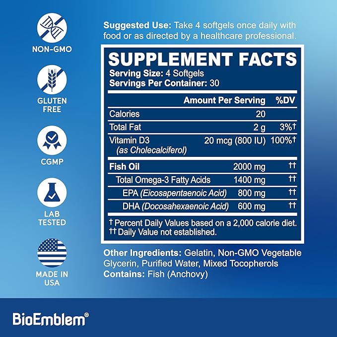 BioEmblem Omega-3 Fish Oil 2000mg - Small Size Softgels, High Absorption Form, Sustainable - 1400mg EPA &DHA Plus Vitamin D3, Non-GMO, Heart, Joint, & Brain Health Fish Oil Supplement, 240 Ct