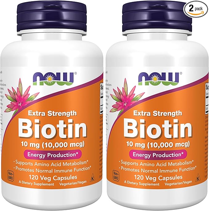 NOW Foods Supplements, Biotin 10 mg (10,000 mcg), Extra Strength, Energy Production*, 120 Veg Capsules, (Pack of 2)