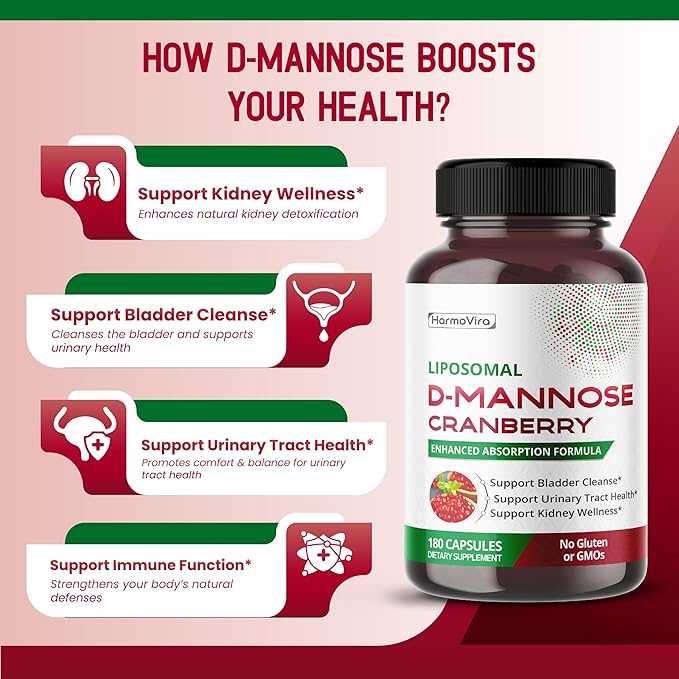 Liposomal D-Mannose Cranberry Supplement – 180 Capsules | Uva Ursi, Hibiscus, Black Pepper | Enhanced Absorption Formula | Non-GMO, Gluten-Free