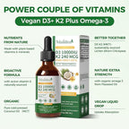 2 Pack Organic Vitamin D3 K2 Liquid 10000 IU w/ Vegan Omega-3 & Coconut MCT Oil - Maximum Strength Vitamin D Supplement, No Fillers, Non-GMO K2 as MK7 for Bones, Muscles & High Absorption-2 Fl Oz