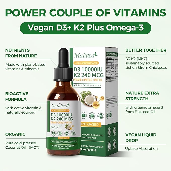 2 Pack Organic Vitamin D3 K2 Liquid 10000 IU w/ Vegan Omega-3 & Coconut MCT Oil - Maximum Strength Vitamin D Supplement, No Fillers, Non-GMO K2 as MK7 for Bones, Muscles & High Absorption-2 Fl Oz