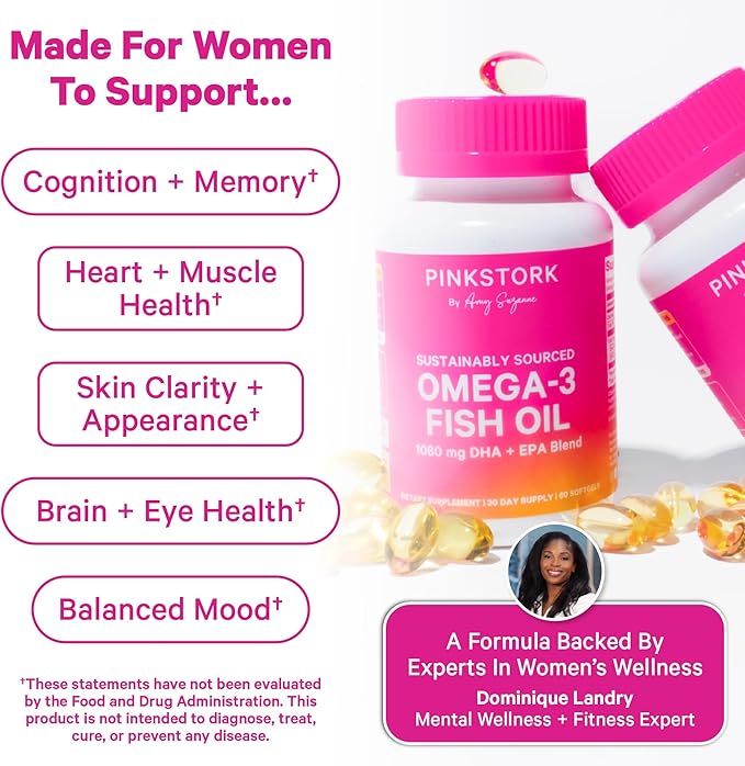 Pink Stork Omega 3 Fish Oil Supplements for Women with DHA and EPA - High Potency Burpless Omega-3 Supplement for Cognitive Health - 60 Softgels