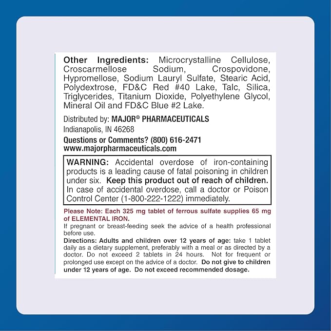Major FeroSul - Ferrous Sulfate 325 mg Tablets - Iron Supplement for Women and Men - Specially Coated Easy-to-Swallow Tablets - Red - 1000 Count