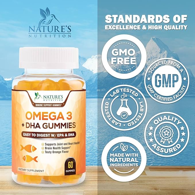 Omega 3 Fish Oil Gummies - Heart Healthy Omega 3 Gummy Supplement with High Absorption DHA & EPA, Extra Strength Joint & Brain Support, Delicious Orange Flavor Fish Oil Nature's Vitamin - 60 Gummies