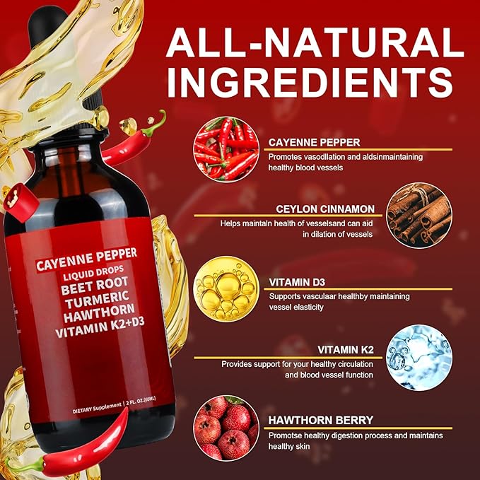 Cayenne Pepper Drops, Cayenne Pepper Hawthorn Beet Root Turmeric Curcumin, Vitamin K2 & D3, Cayenne Health Supplements, Gentle Formula, Vegan-Friendly, Easily Absorbed - 60ml