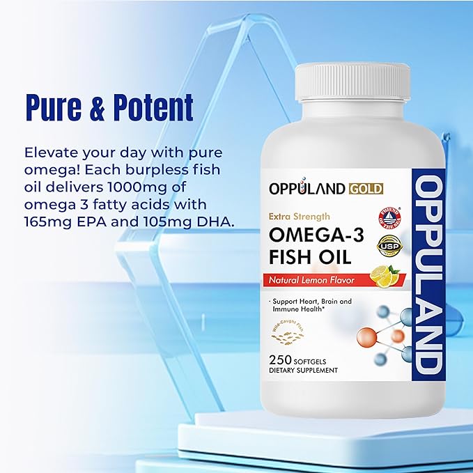 Omega 3 Fatty Acids Fish Oil Supplement - Triple Strength - 1000 mg Encapsulations with EPA 165 mg & DHA 105 mg for Heart, Brain & Joint Care - Burpless Omega3 - Lemon Flavor - 250 Softgels