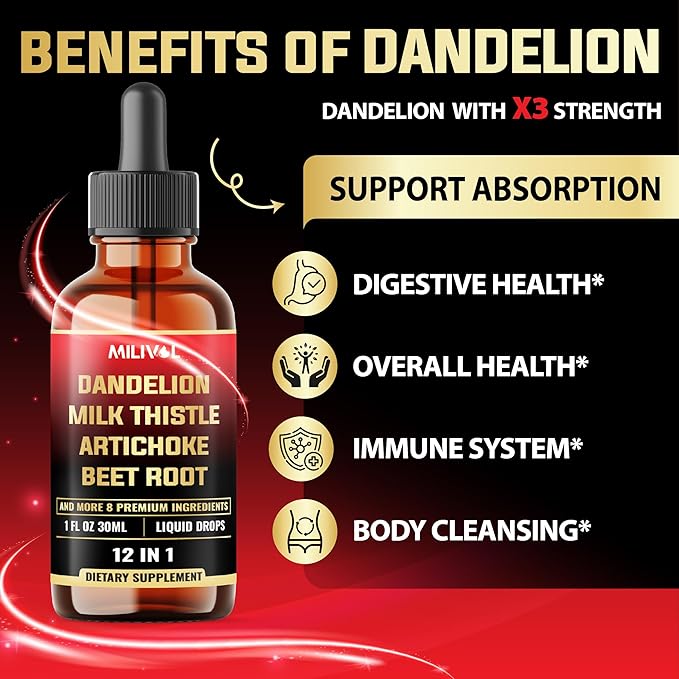 12in1 Dandelion Root Liquid Extract with Milk Thistle, Artichoke Extract, Turmeric, Beet Root, N-Acetyl Cysteine and 6 More Herbals - 1 Fl Oz - 60 Days Supply