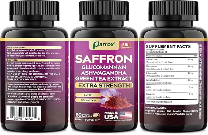 Saffron Supplement with Glucomannan, Ashwagandha, Green Tea Extract, Zeaxanthin & Lutein, Vision Support & Daily Wellness Formula, Extra Strength Plant-Based Capsules, 4 Month Supply (2 Pack)