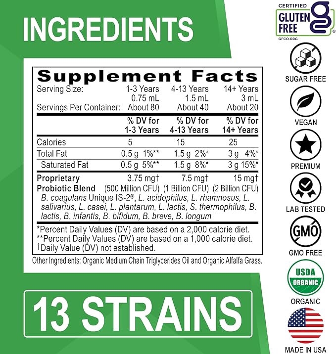 Organic Liquid Probiotic Drops Supplement - Organic Probiotics for Kids, Women & Men, Digestive Gut Health - Vegan Acidophilus Probiotics, Kid Flora Toddler Liquid Probiotic for Kids, Womens, Men 2 Oz